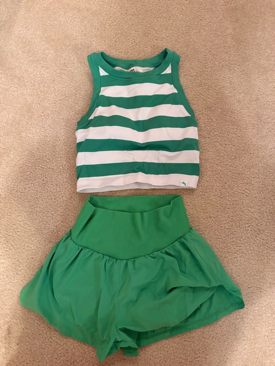 JoyLab Pants - JoyLab Green & White Striped Tank Top and Solid Green Short Set